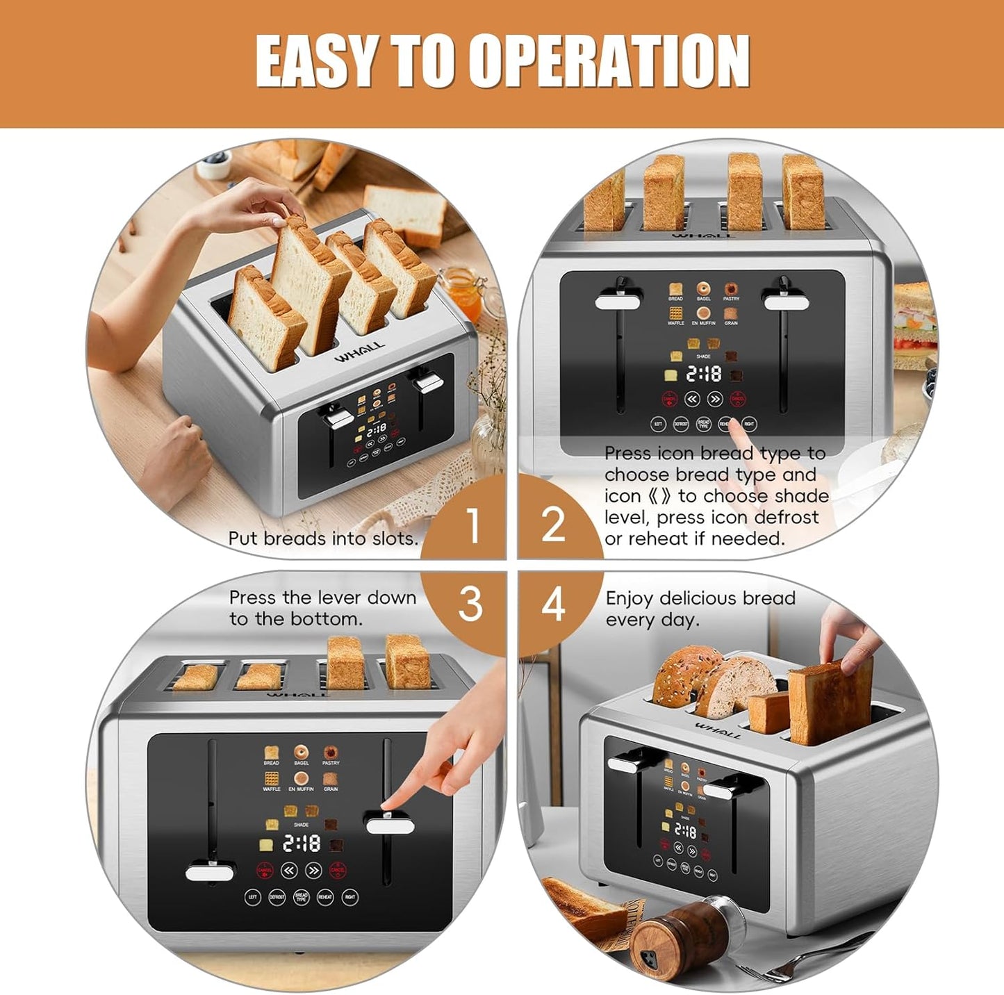 Whall 4-Slice Smart Toaster - Touchscreen Control, Extra-Wide Slots & 6 Browning Levels | Perfect Kitchen Gift