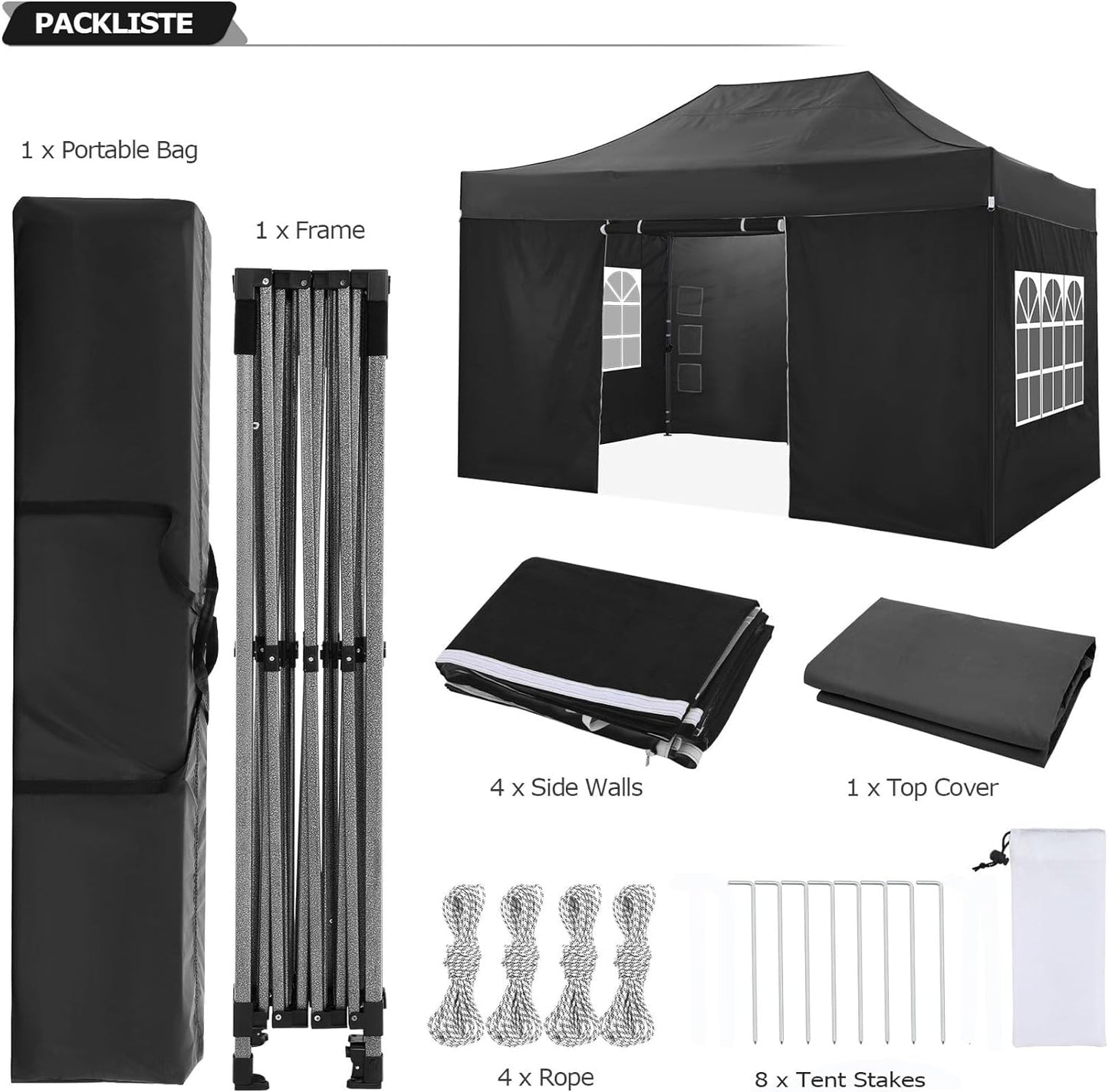 COBIZI 10x15 Heavy Duty Pop Up Canopy Tent with 4 Sidewalls Thicken Frame, Commercial Easy Up Outdoor Wedding Party Tents, All Season Waterproof Windproof with Stakes Sandbags Ropes Bag, Black