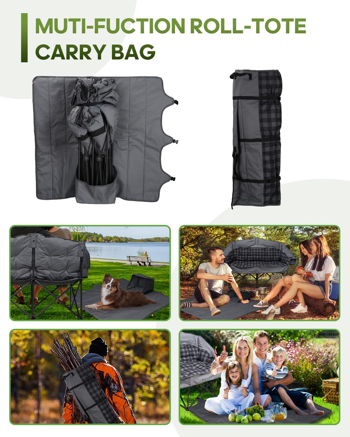 Double Camping Chair Padded Loveseat Camping Couch, Oversized 2 Person Camp Chairs with 2 in 1 Carry Bag, Heavy Duty Folding Lawn Chair Sofa with Cup Holders for Adults Patio Backyard Beach, Gray