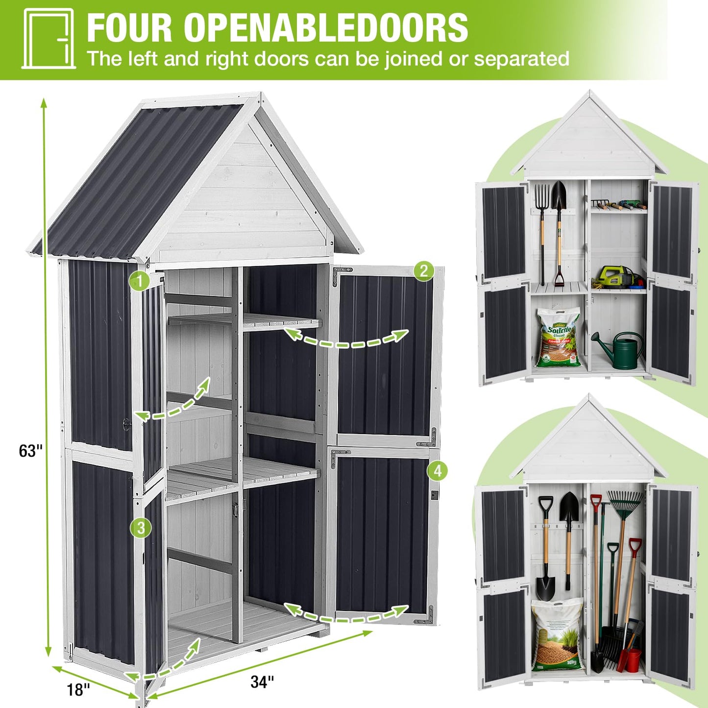 GUTINNEEN Outdoor Storage Cabinet, Wood & Metal Frame Garden Storage Shed with Waterproof Plastic Roof, Adjustable Shelves, Raised Base, Weather-Resistant Tool Shed for Backyard, Patio & Lawn, 67.5"H