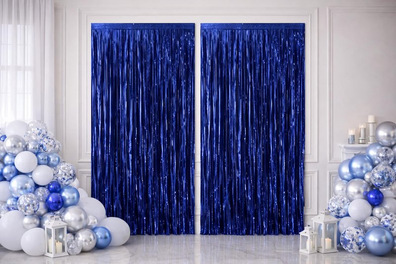 2 Pack Dark Blue Metallic Foil Fringe Curtain Backdrop Streamers 3.2ft x 6.4ft. Party Decoration for Birthday, Wedding, New Years Eve, Graduation, Baby Shower