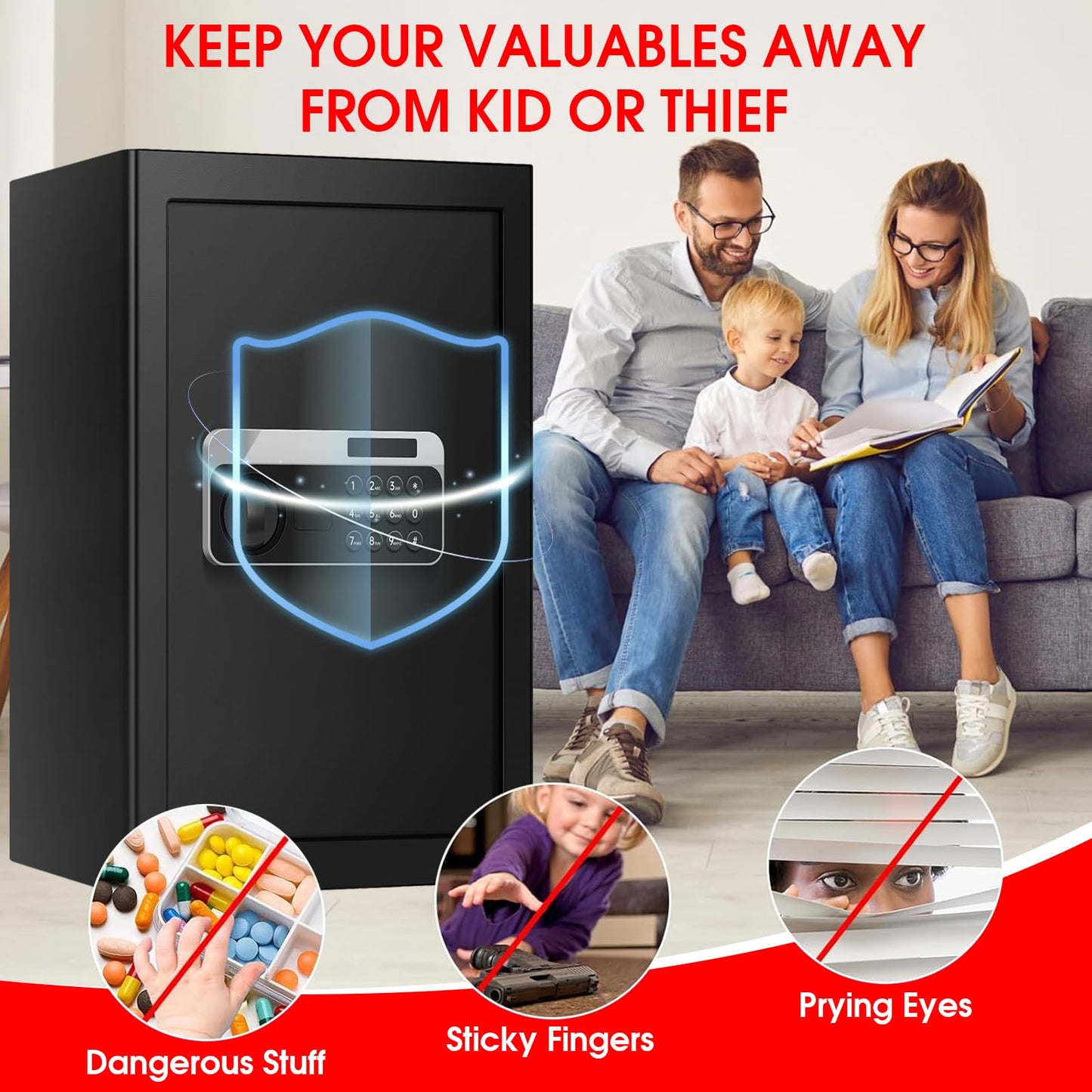 3.4 Cuft Large Home Safes Water and Fireproof, Personal Safe Box Fireproof Waterproof with Digital Keypad, Removable Shelves and Alarm System, Anti-theft Fire Proof Safe for Home Documents