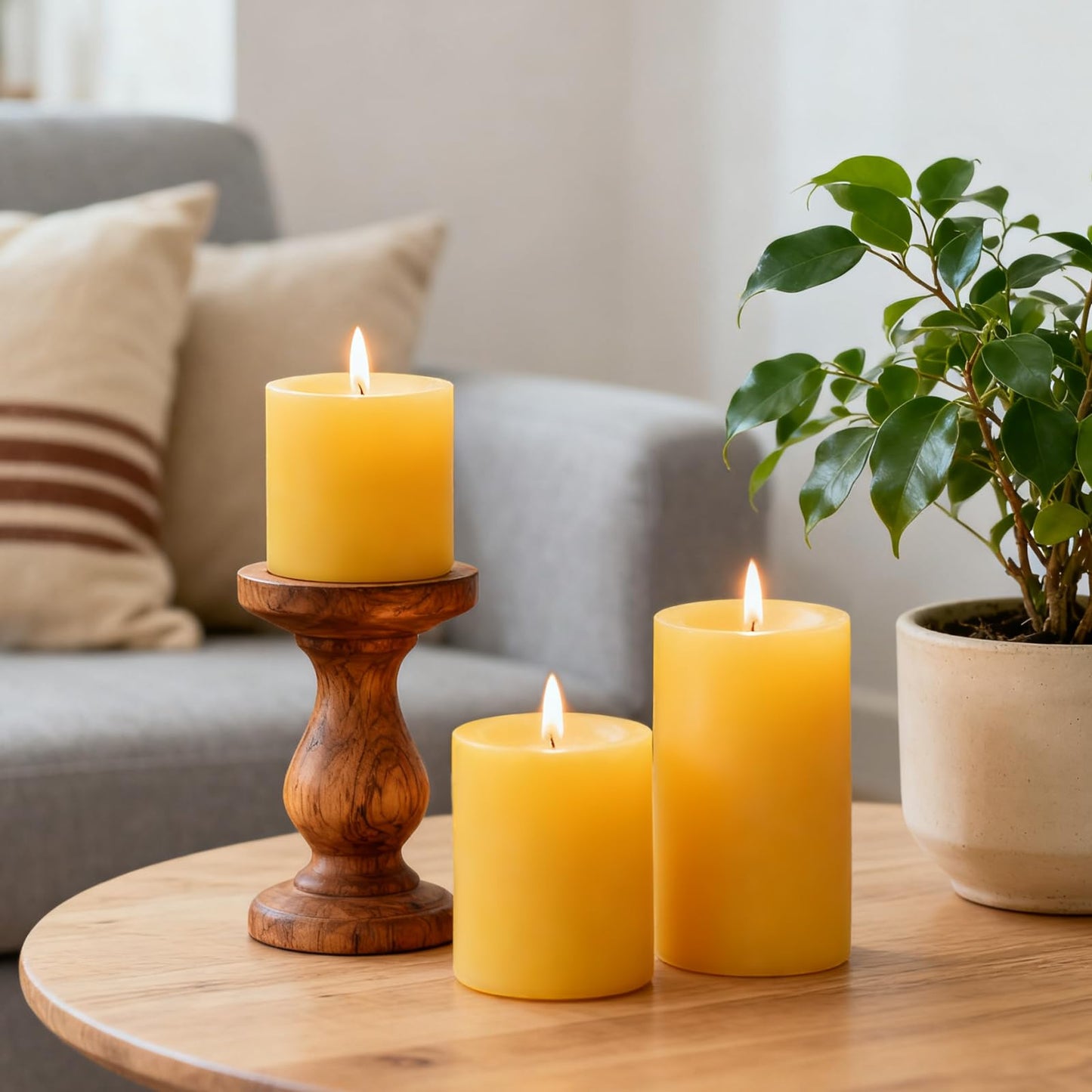Set of 3 Natural Beeswax Pillar Candles - 3 inch Wide (3 inch 4inch 6inch Tall) - 100% Pure Bees Wax Candles, Long Burning, Unscented Smokeless & Dripless, for Emergency, Home Decor