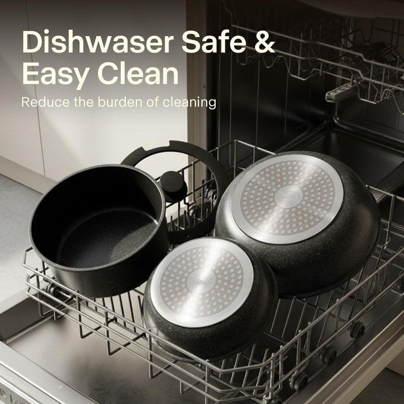 Pots and Pans Set Non Stick, Ceramic Cookware Sets 21 PCS, Granite Induction RV Kitchen Portable Stackable Cooking Set Removable Handles, Dishwasher & Oven Safe, Black