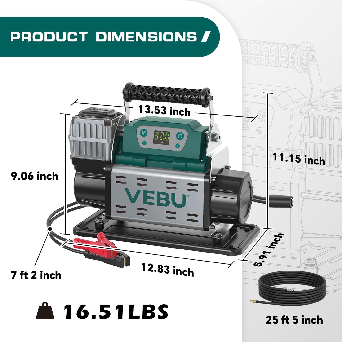 VEBU RV Air Compressor 12V Tire Inflator, 150PSI with Auto Shut-off, Digital Display & Preset, 5.65CFM Fast Inflation for Off-road Vehicles, Trucks, SUVs, RVs, ATVs, Corded Electric