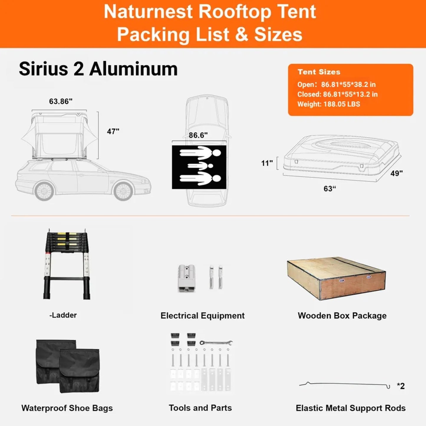 Naturnest Rooftop Tent Aluminum Hard Shell, Easy Set Up Large Roof Tent for 3 Person Camping Top Tents, Waterproof UV-Resistant 4 Season Tents for Truck, Jeep, SUV, Trailer - Sirius 2 Aluminum