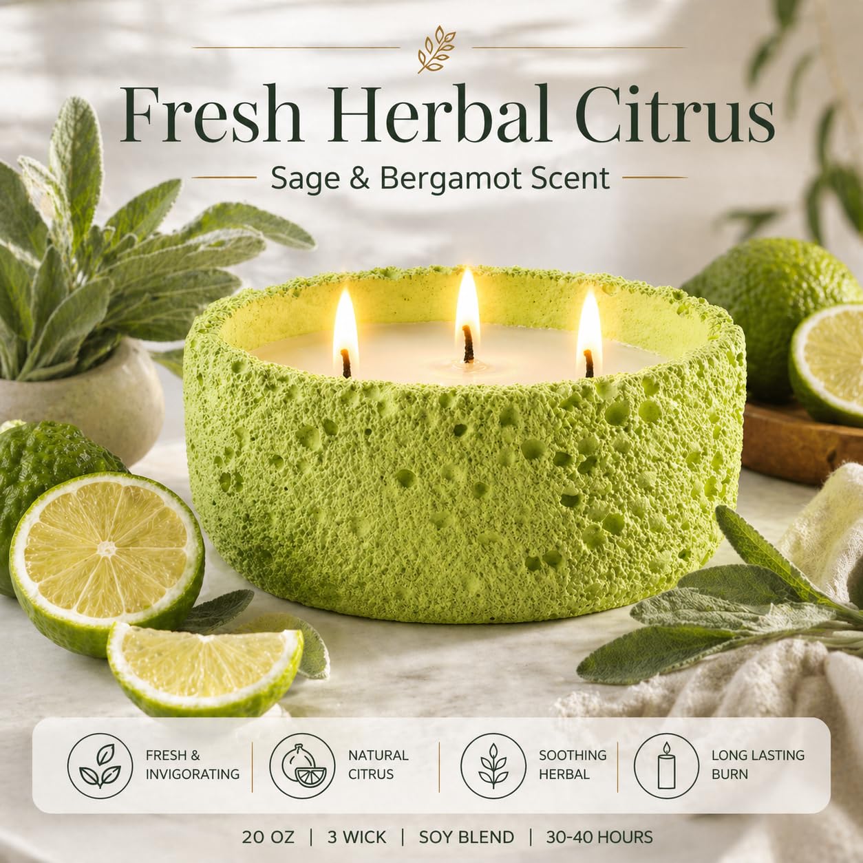 Viyffo 20oz Large Scented Candle - Sage & Bergamot, 3 Wick Non Toxic Soy Candles for Women & Men, Matte Green Ceramic Jar, Luxury Home Fragrance, Elegant Room Decor & Premium Gift