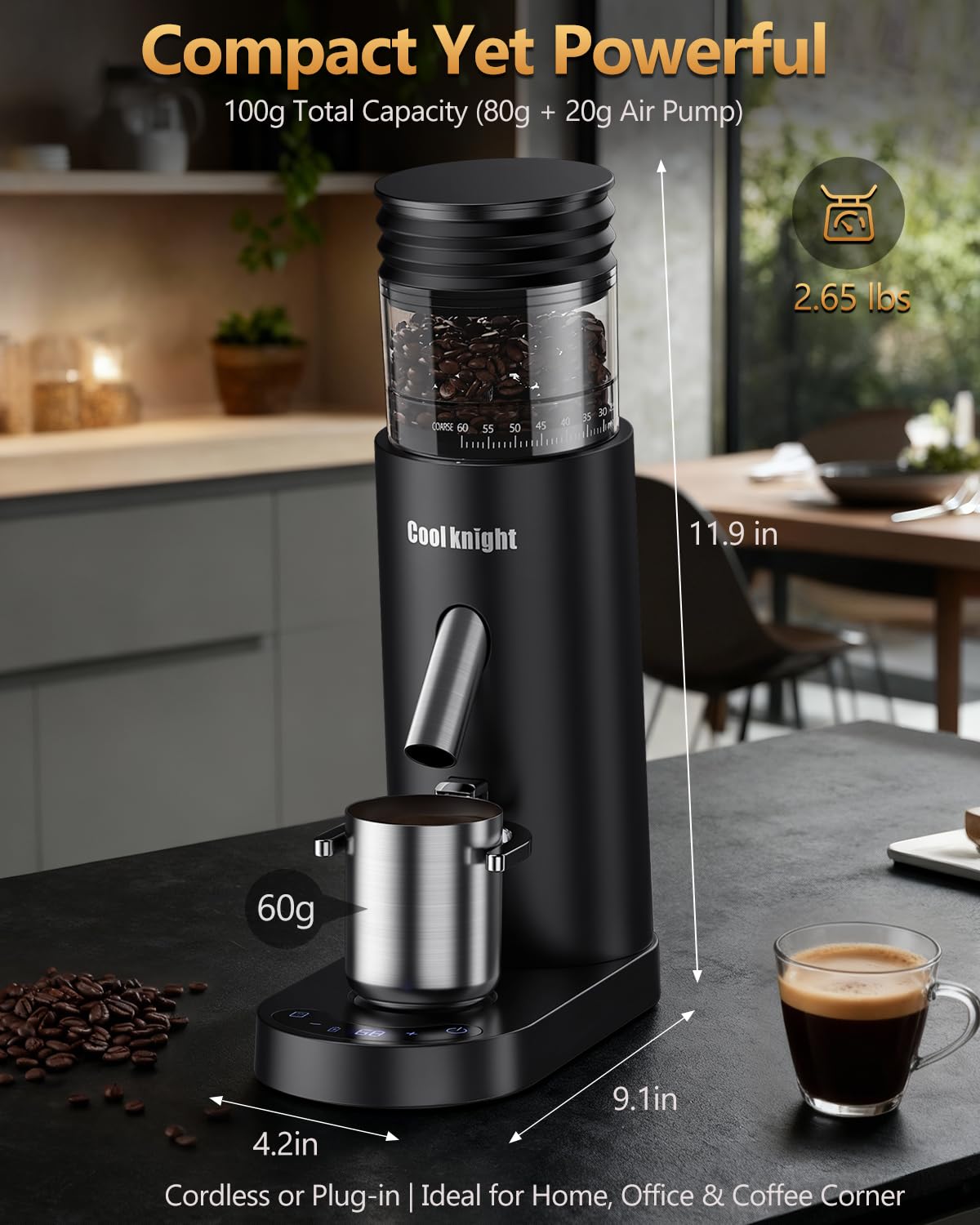 COOL KNIGHT Rechargeable Conical Burr Coffee Grinder, 60 Grind Settings & 5–98 Level Timer, Espresso Grinder with Bellows Hopper and Portafilter Holder, Easy to Clean