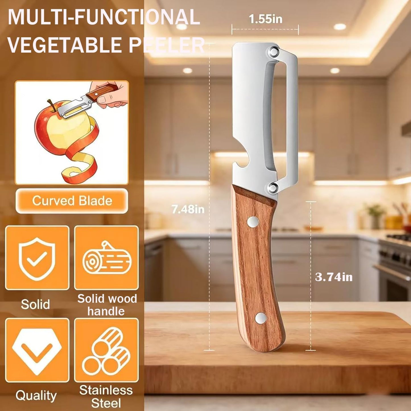 Skiennix Multi-Functional Vegetable Peeler - 2-in-1 Stainless Steel Tool with Wooden Handle & Bottle Opener
