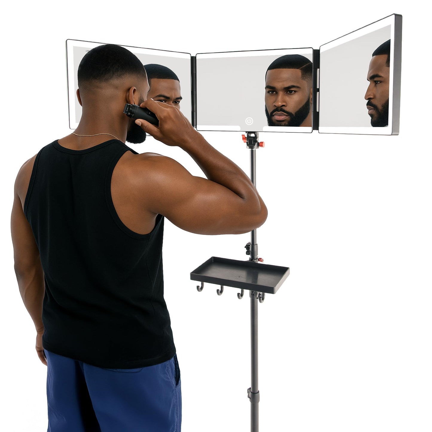 Self-Cut System Angel Lights Tripod - 3 Way Mirror for Self Hair Cutting - Includes Attachable Clipper & Trimmer Tray - Trifold Barber Mirror - Adjustable Height & Brightness - Travel-Friendly