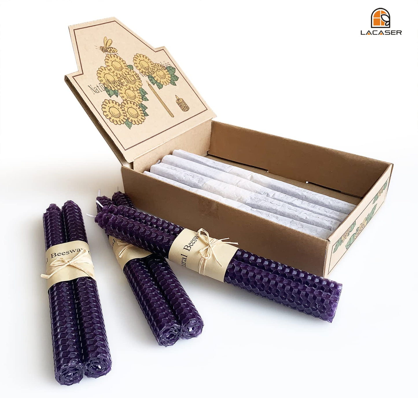 Lacaser Natural Beeswax Purple Taper Candles Bulk Set of 14 pcs, Unscented & Smokeless & Dripless Long Candlesticks 9 Inches Each, Gift Box Packed