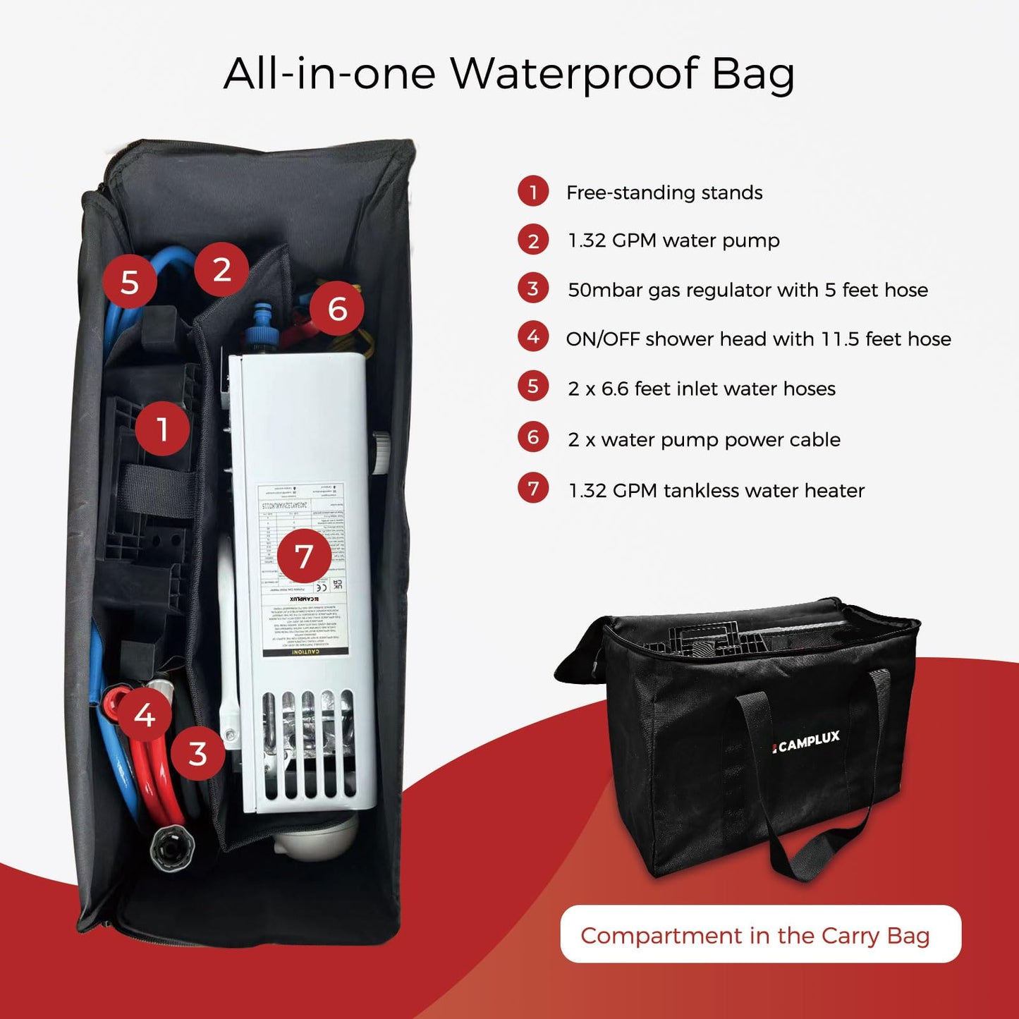 CAMPLUX Outdoor Portable Propane Caming Water Heater 1.32 GPM with Pump Pack Kits, Freestanding Stand & Carry Bag, AY132Max, White
