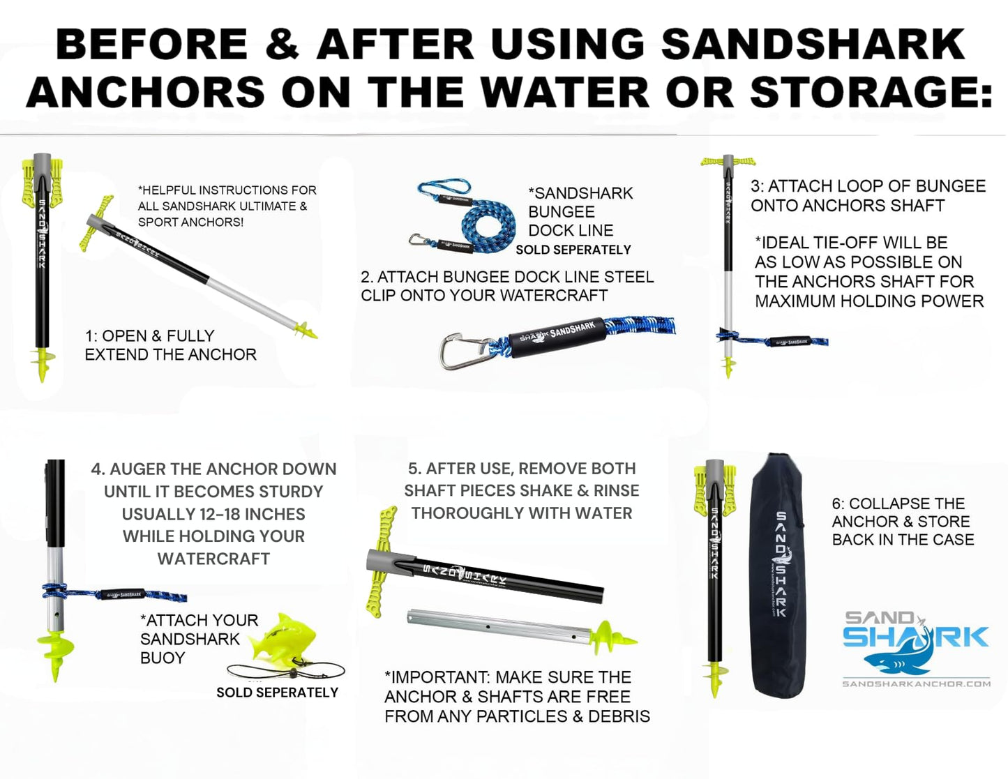 SandShark Patent Pending Supersport 3.0 Boat Anchor - Shallow Water Anchor Pole - Great Jet Ski, PWC, Pontoon Boat Accessories for Beach and Sandbar - Adjusts 29"-48" w/Case