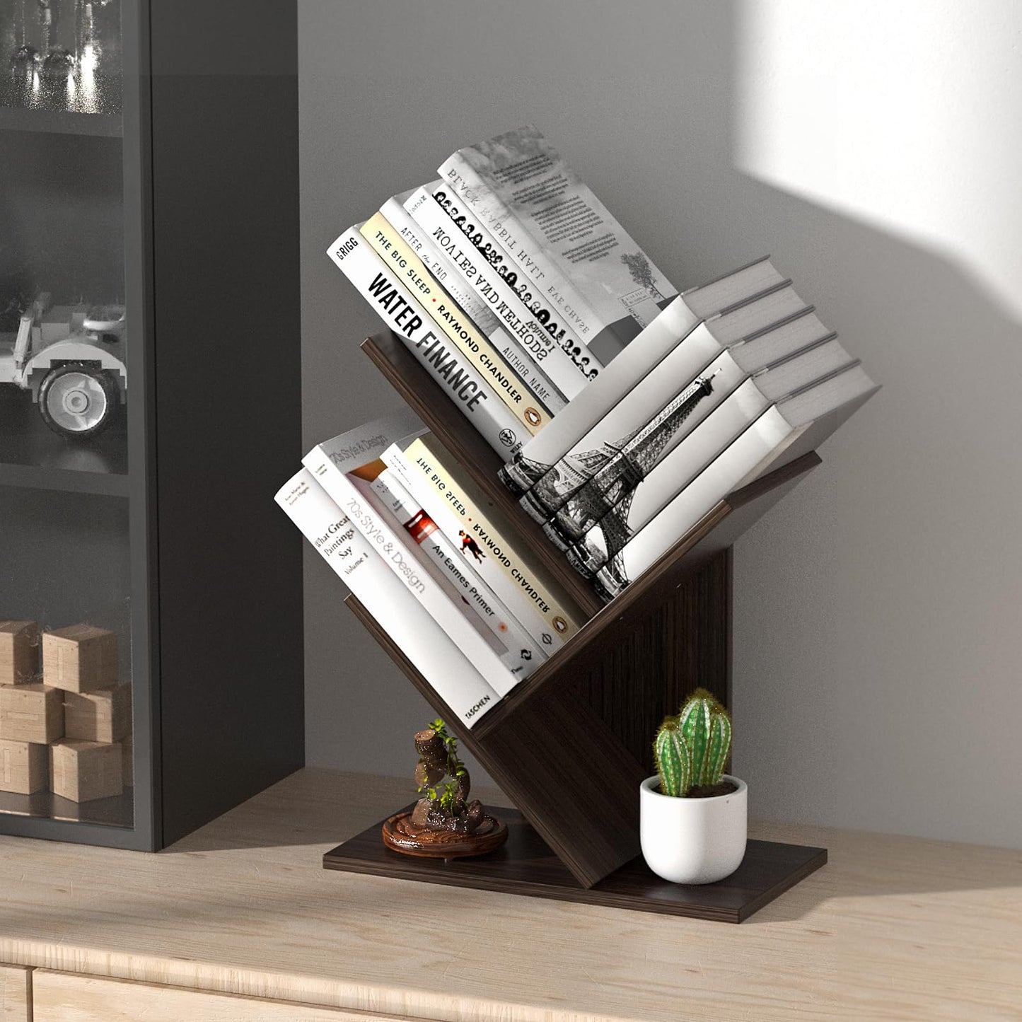 R RUISHENG 3 Tier Small Tree Bookshelf Desk Book Organizer Narrow Bookcases for Books Magazines CDs Free Standing Retro Wooden Storage Shelves for Home Office Bedroom Living Room Dark Walnut
