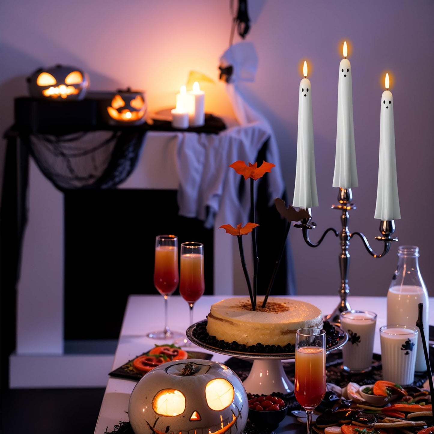 DRomance Halloween Ghost Flameless Taper Candles Flickering Battery Operated with Remote and Timer 3D Wick White Real Wax LED Taper Candles Halloween Dinner Decoration Indoor(2 Pack, 0.79"D x 9.5"H)