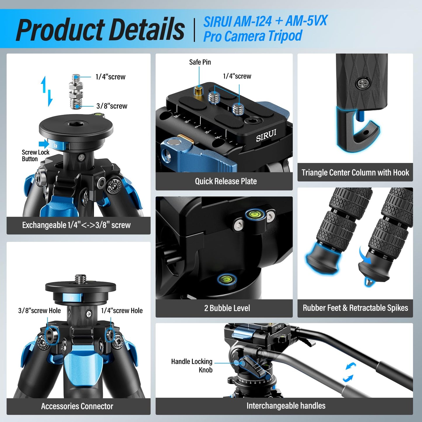 SIRUI AM-124 Carbon Fiber Tripod with AM-5VX Fluid Head, 65.6“ Compact Video Camera Tripod for Travel, Triangular Center Column, Side Loading QR Plate, Waterproof Twist Lock, Loads 6.6lbs