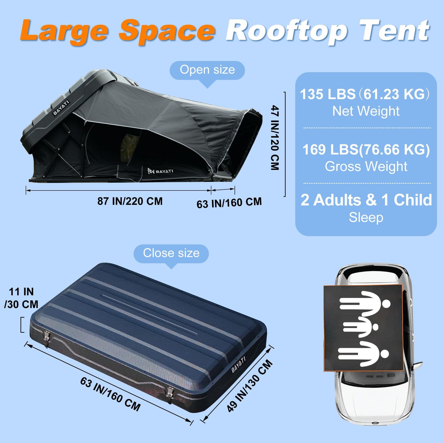 Bayati Rooftop Tent Hard Shell, Easy Set Up Pop Up Large Tent for 2-3 Person & Family Camping, Windproof Waterproof UV-Resistant Blackout Privacy 4 Season Tents for Truck, Jeep, SUV, Van, Trailer