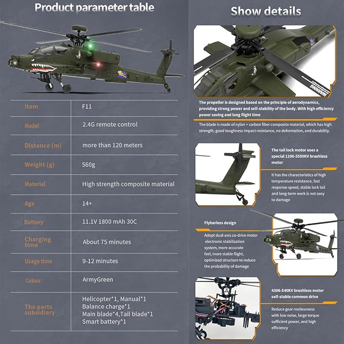 YUXIANG F11 AH64 RC Helicopter for Adults for AH64 Apache 1/32 Scale 2.4G 6CH 6G/3D Stunt Remote Control Military Aircraft Toys with 6-Axis Gyro & 2 Brushless Motor & Lights - RTF