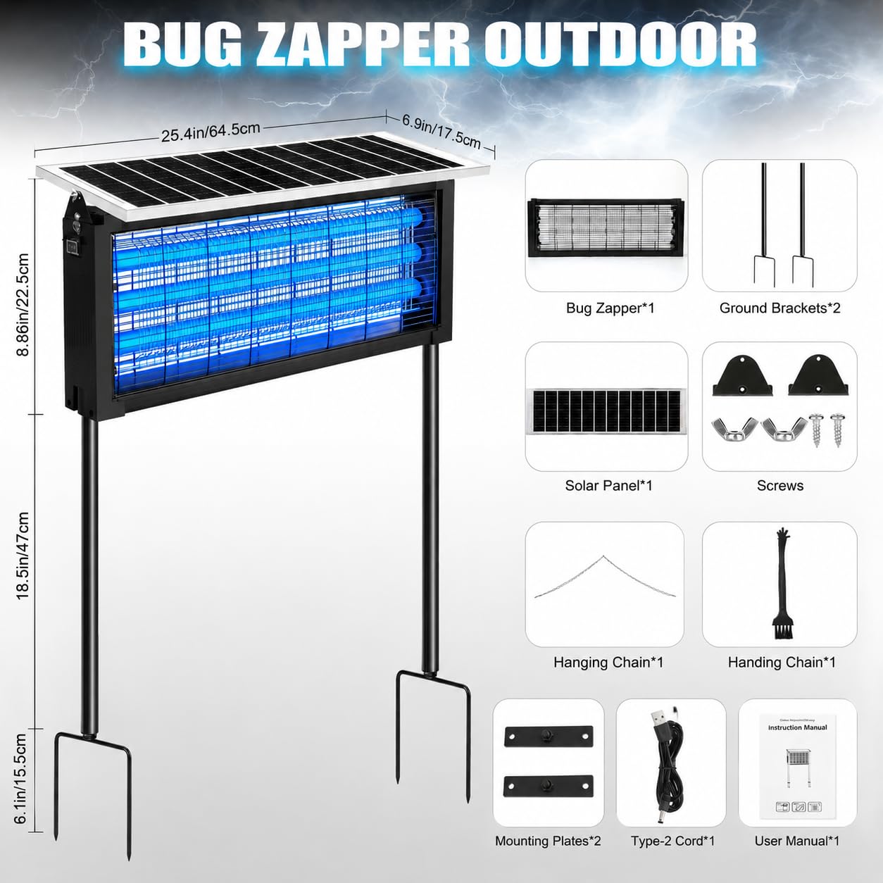 Solar Bug Zapper Outdoor - Mosquito Electric Fly Zapper 30W Waterproof - Cordless Solar Powered Bug Zapper for Patio Garden Backyard RV Camping Pond