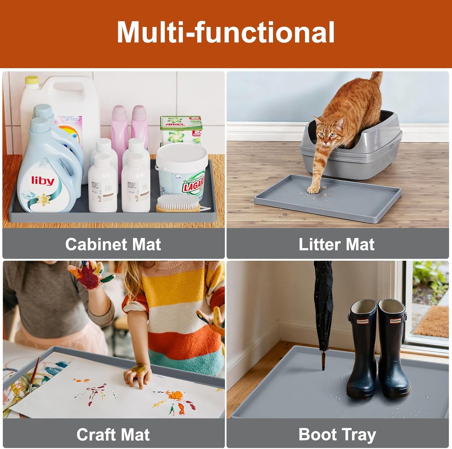 Ukeetap Extra Thick Silicone Dog & Cat Food Mat - Waterproof, Non-Slip, 19” x 12”, Gray