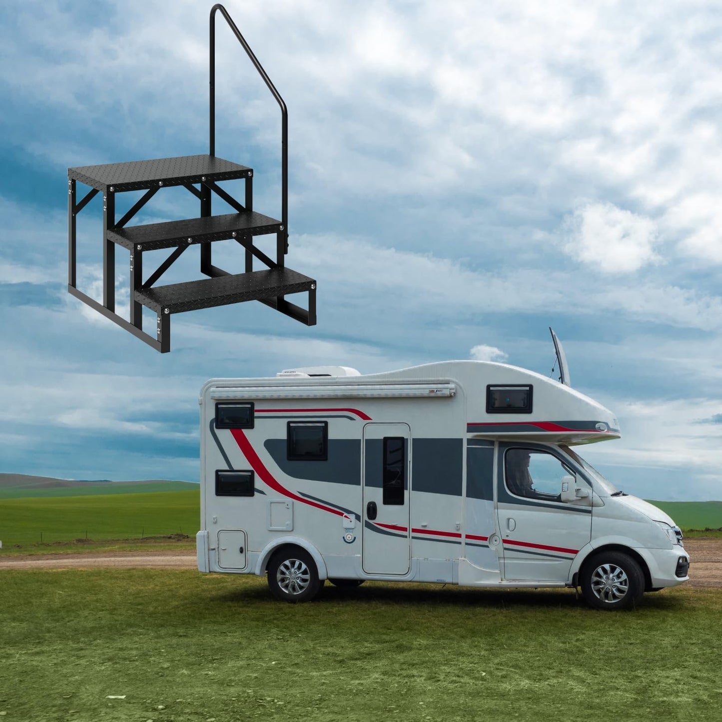 COZONY RV Steps with Handrail 3 Step, Anti-Slip Panel, 660lb Capacity RV Stairs, Portable Trailer Ladder for Outdoor, Camping, Travel, Hot Tub