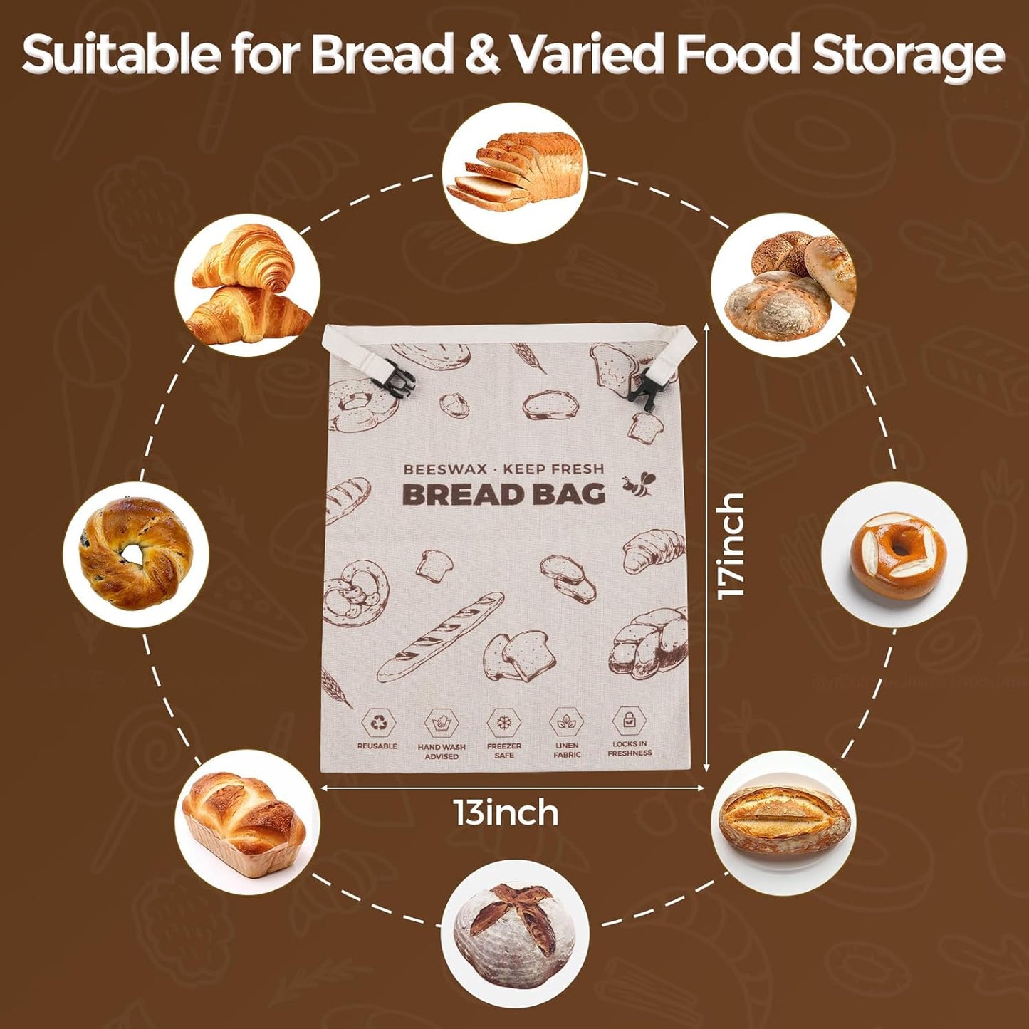 YARRAMATE Beeswax Bread Bags - Reusable Linen Food Storage for Fresh Homemade Sourdough | Large 17x13" (Brown, 2 Pack)