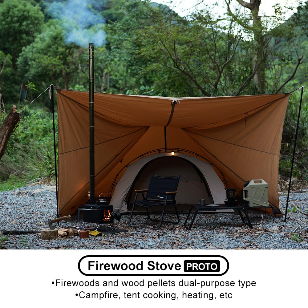 Soomloom Firewood Stove PROTO Heat-Resistant Paint Camping Pellets Combi Carbon Steel Compact Tent Cooking Barbecue BBQ Campfire Chimney Portable Camp Outdoor Heating Hybrid Stove