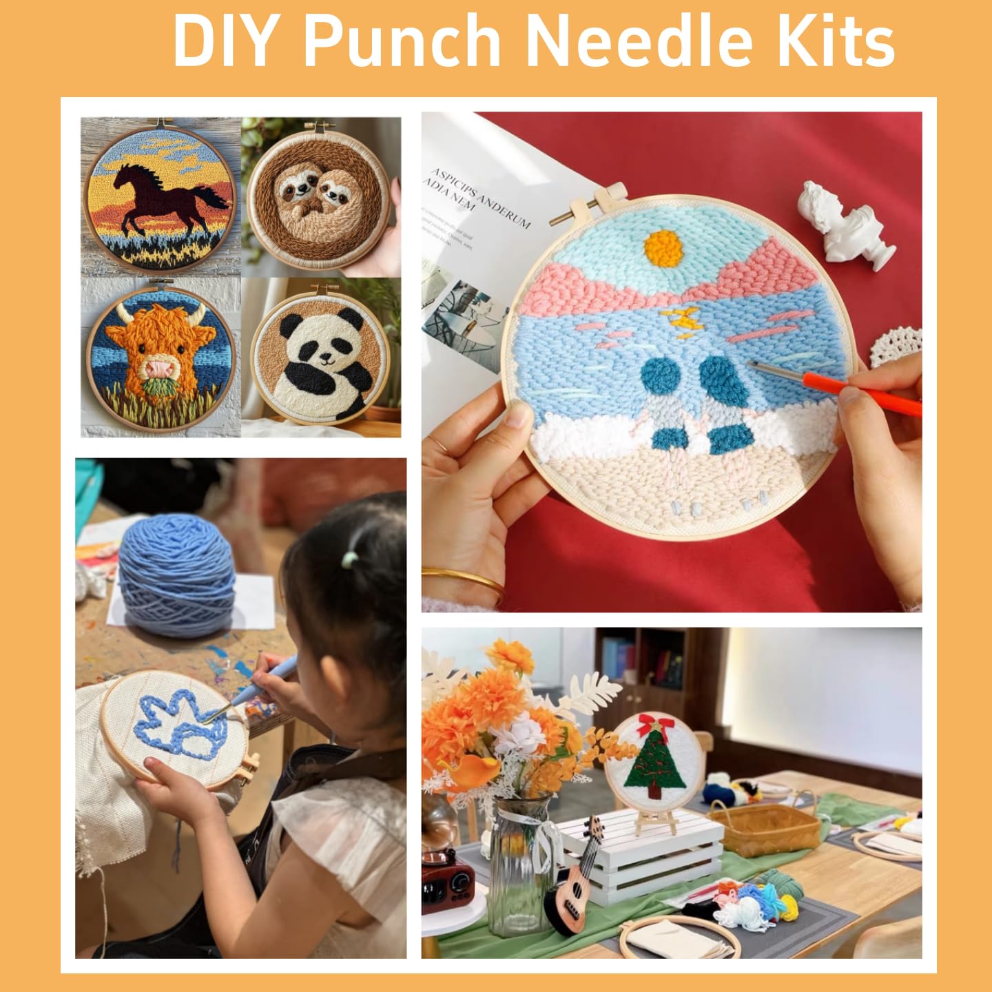 DIY Punch Needle Kits Cute Cartoon Black White Cat Easy for Beginners Punch Needle Yarn Starter Embroidery Set for Craft Lovers with Hoop for Home Decor 20x20cm(1)