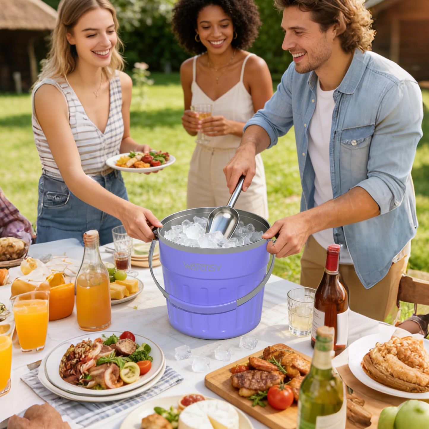 WATERSY Insulated Ice Bucket(8 Quart / 7.6 L) with Lid, Scoop, Ice Tong,Wall Vacuum Stainless Steel, Purple