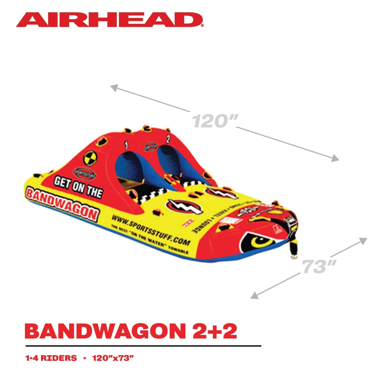 SportsStuff Bandwagon 2+2 Towable 1-4 Rider Tube for Boating and Water Sports, Kwik-Connect Tow, Heavy-Duty Full Nylon Cover and EVA Padding