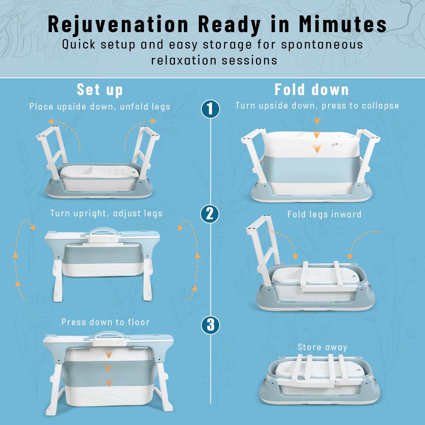 Portable Foldable Bathtub for Adult, 41" Small Foldable Tub with Ergonomic Seat & Massage Roller, Large Capacity Soaking Tub for Adults with Thermal Cover (Blue)