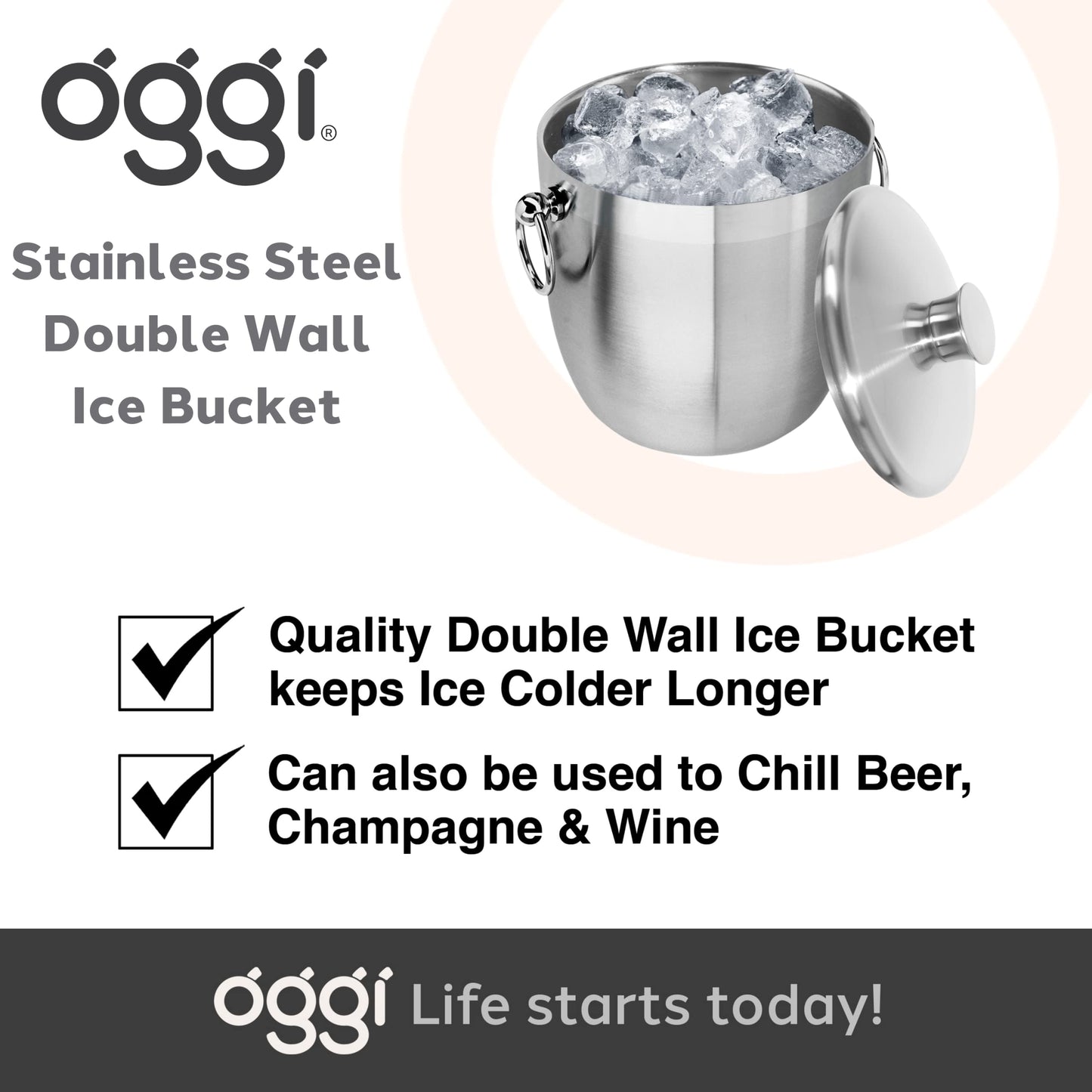 OGGI Double Wall Stainless Steel Ice Bucket - Insulated Ice Bucket with Elegant Steel Lid, Classic Handles Tongs - Great for Home Bar, Chilling Beer, Champagne and Wine - 3 qt (Pack of 3)