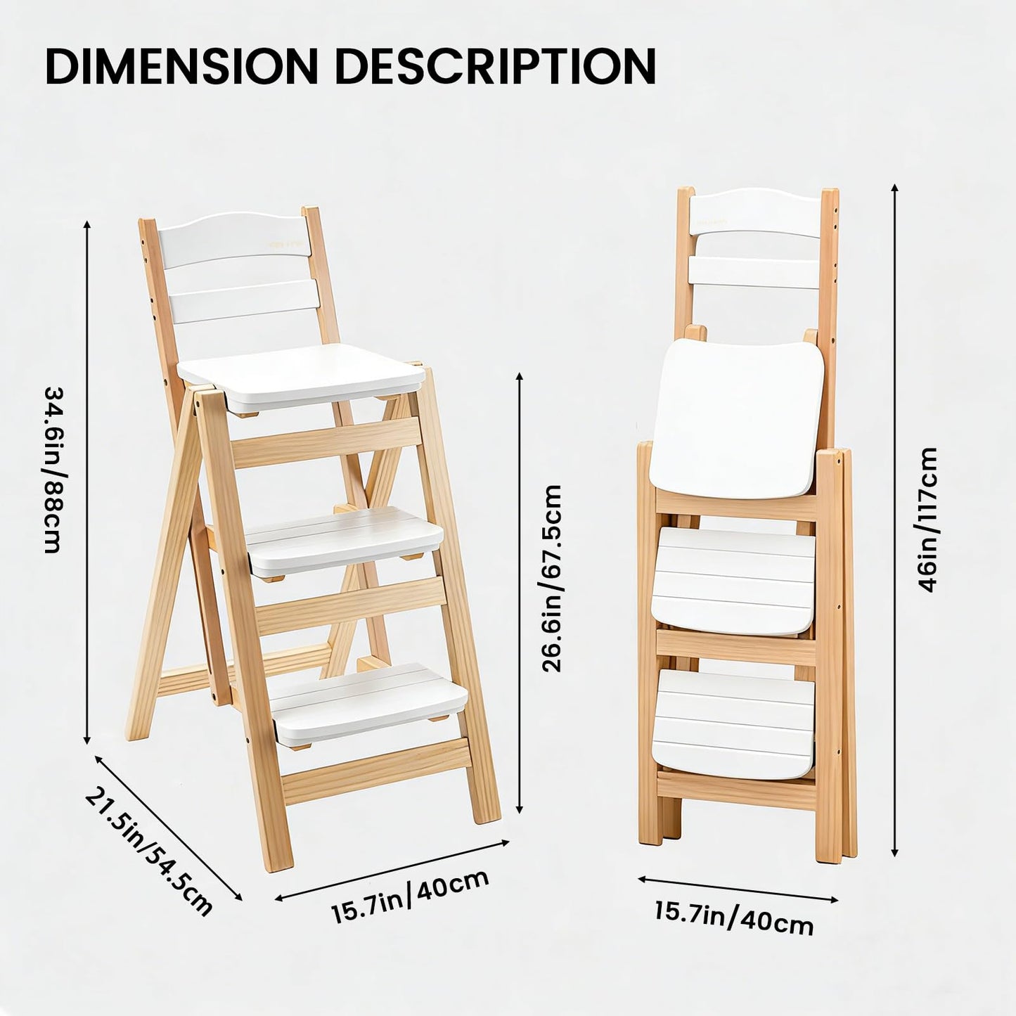 Wooden Folding Step Stool Chair, Solid Pine Wood 3-Step Ladder Stool with Seat, Multi-Purpose Step Chair for Kitchen, Home, Pantry or Bar Use(White)