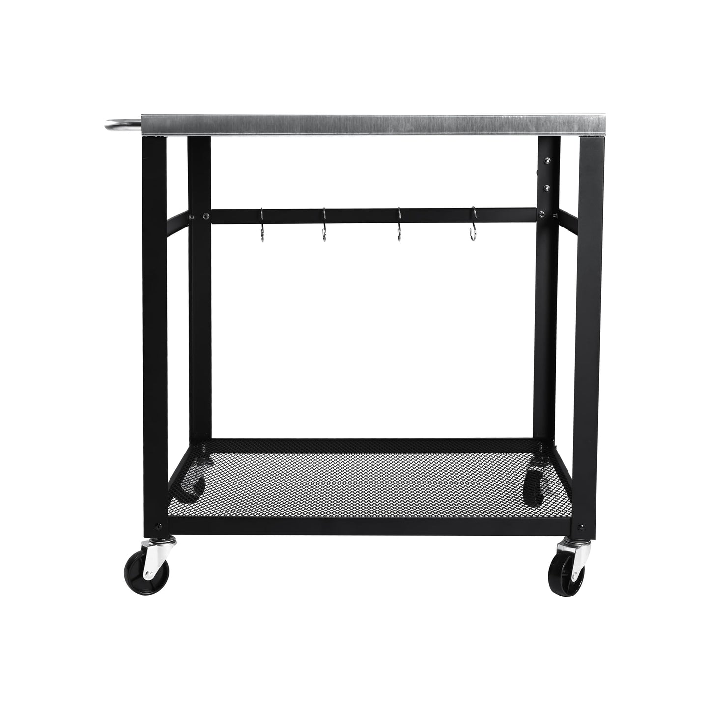 KEIKI 2-Tier Outdoor Grill Cart Table with 4 Wheels, Tool Hooks, Mesh Shelf, Movable BBQ Cooking Prep Table, Pizza Oven Table, Serving Bar Cart for Backyard, Indoor, Outside, Kitchen, Stainless Steel