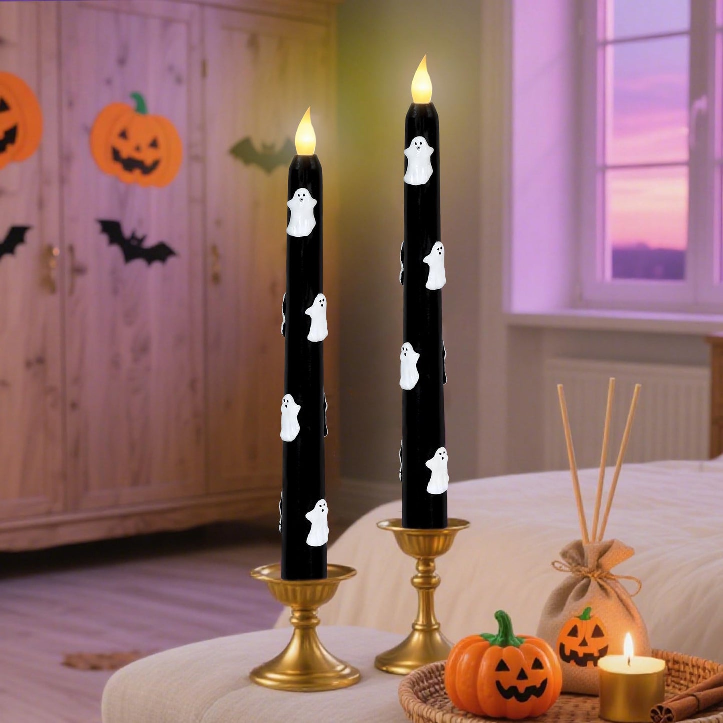 Halloween Ghost Flameless Taper Candles with Remote & Timer, Real Wax Black LED Taper Candles for Home Haunted House Halloween Party Decorations, Set of 2