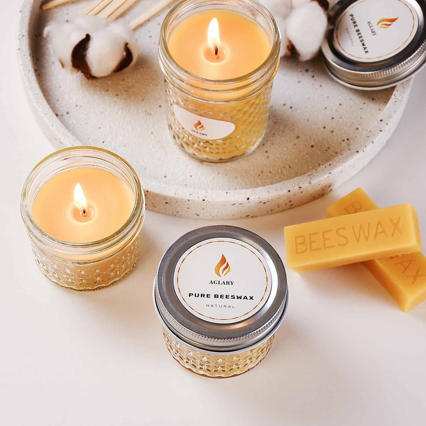 AGLARY 3PCS Beeswax Candle in Glass, 3oz,Over 21H Burn Time, Elegant and Natural Home Lighting,Unscented Beeswax-Raw