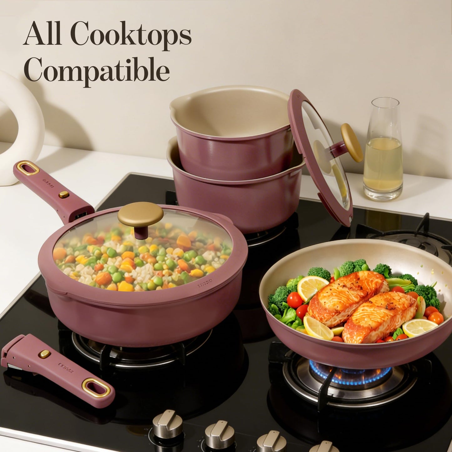 CAROTE 26 Pcs Pots and Pans Set, Nonstick Cookware Sets with Detachable Handle, Titanium Reinforced, Oven Safe, Cookware Non Stick Cooking Set w/Frying Pans & Saucepans Red(PFOS, PFOA Free)