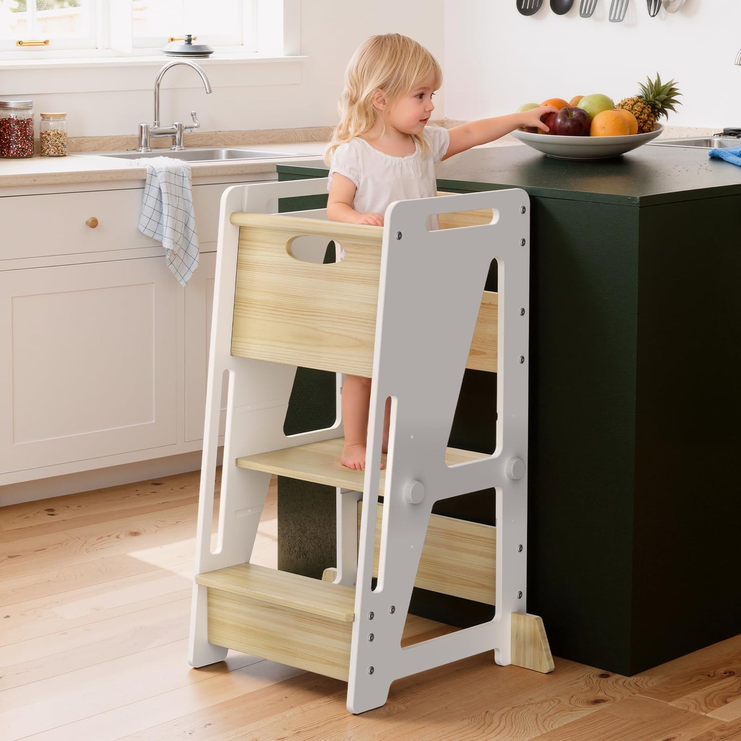 Toddler Standing Stool with Sliding Door, 3-Height Adjustable Kitchen Step Stool for Kids, Sturdy Wooden Learning Tower with Non-Slip Feet, Ages 18 Months–6 Years, White