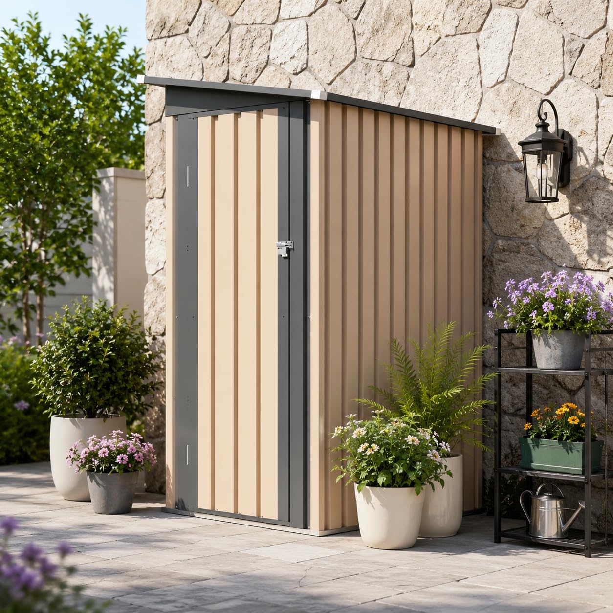 KEIKI 4.27x2.42 FT Lean-to Metal Storage Shed, Outdoor Garden Storage Cabinet w/Pent Roof & Lockable Door, Backyard Storage House w/Side Hinged Door for Patio Lawn Equipment Bike Storage, Brown