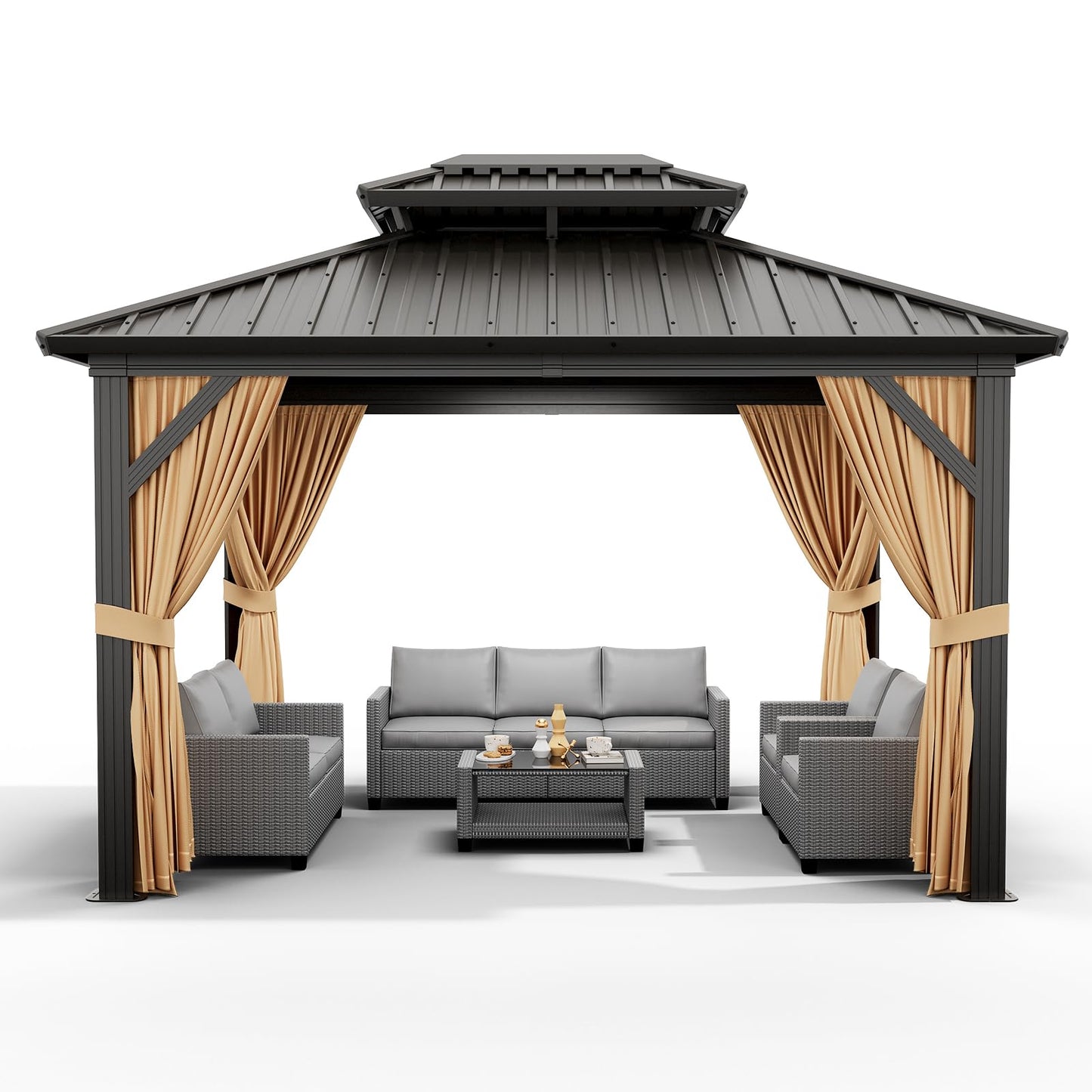 Hardtop Gazebo 10x12 FT, Garden Tent, Frame of Aluminum, Tin Roof Pavilion, Outdoor Gazebo, Sun Shed with Curtain and Netting for Backyard Patio Garden