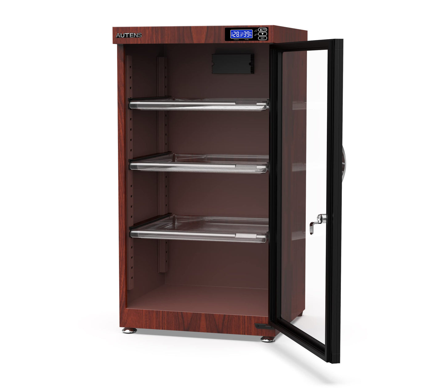 AUTENS 105L Dehumidifying Dry Cabinet Box, Wood grain Design Digital Control Noiseless and Energy Saving,4 layer for Camera Lens and Electronic Equipment Storage,Temperature Humidity LED Dual Screen
