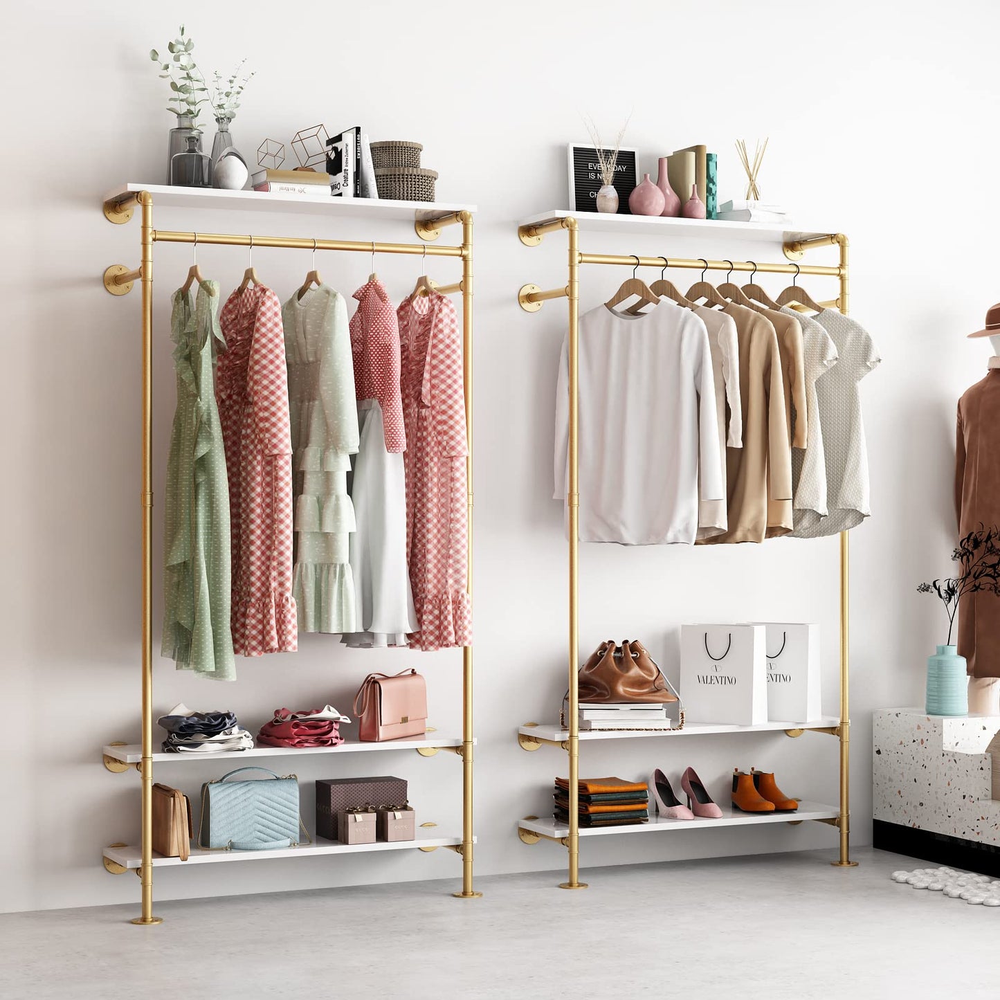 Smlttel Gold Wall Clothing Racks with White Shelves, Wall Mounted Gold Clothes Rack for Hanging Rods,Heavy Duty Industrial Pipe Clothing Racks With Shelves Retail Display Garment Rack for Home