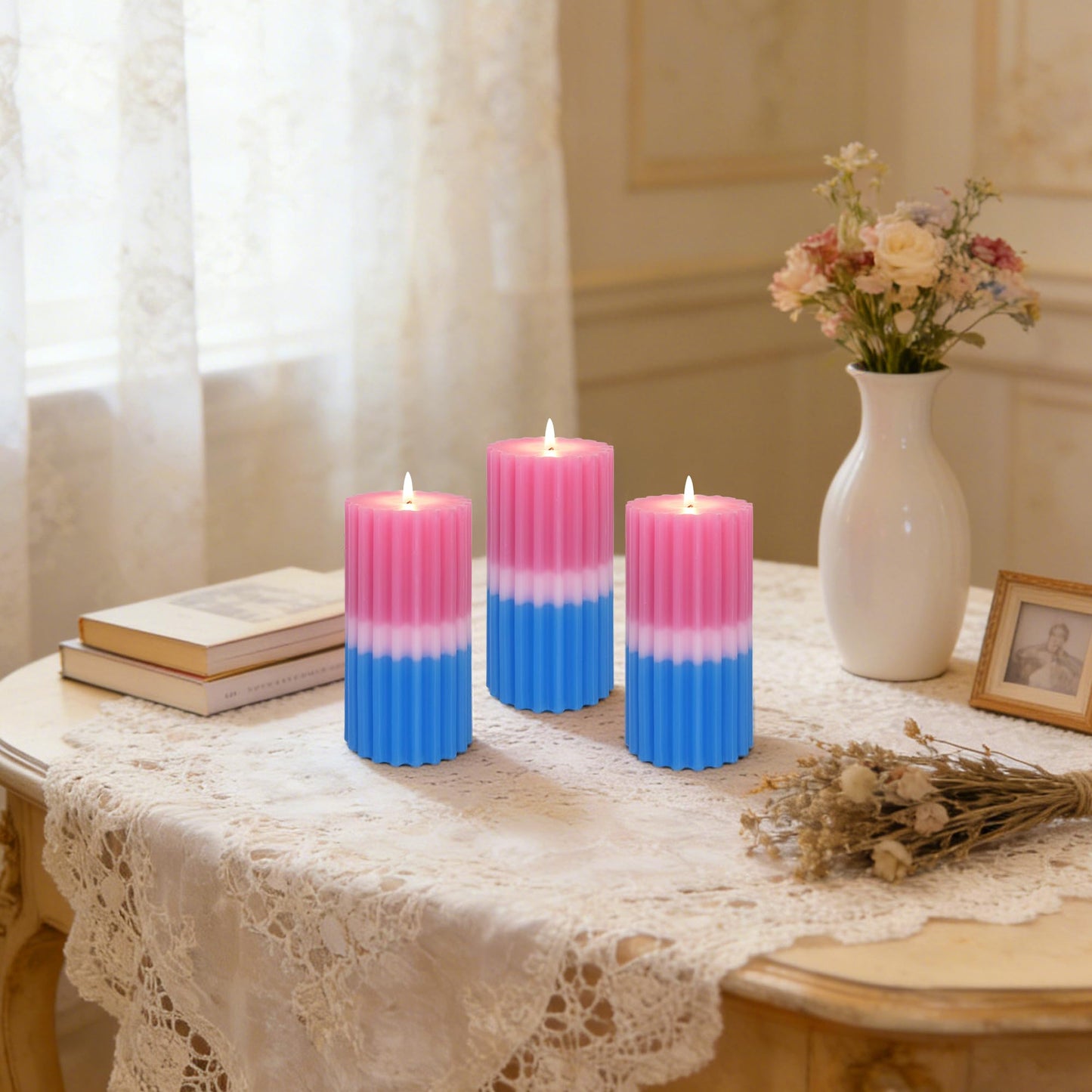 Ribbed Pillar Candles Set of 3 Width 3" High 6" 100% Cotton Core Paraffin Wax Floral & Fruity Scented Candles for Bathroom Living Room Home Decor, 70H+ Long Burning Time|1PC Aromatherapy Candle
