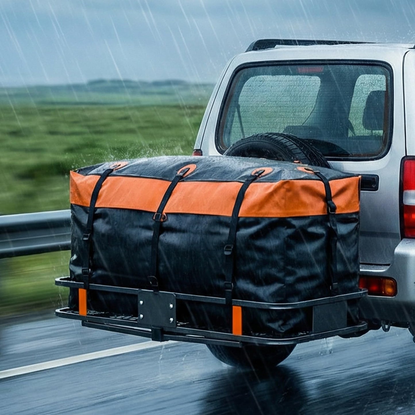 OLIXIS Folding Hitch Mount Cargo Carrier Basket 60x21x6 with Waterproof Luggage Bag 16 Cubic Feet, 500 Lbs Capacity Cargo Basket, with Hitch Stabilizer, Straps, Net
