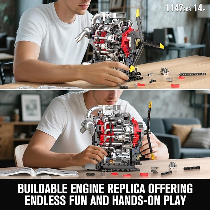 Mould King 10211 Aircraft Engine Model That Works 1147PCS Transmission Engine Battery/Motor Building Sets STEM Toy Gift for 14+ Teens & Adults V8 Engine Series for Display Collection
