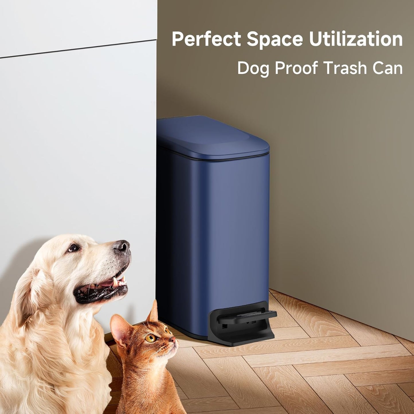 TIPGO Slim Bathroom Trash Can - Soft Close Lid & Step Pedal | 6 Liter Stainless Steel Bin in Navy Blue