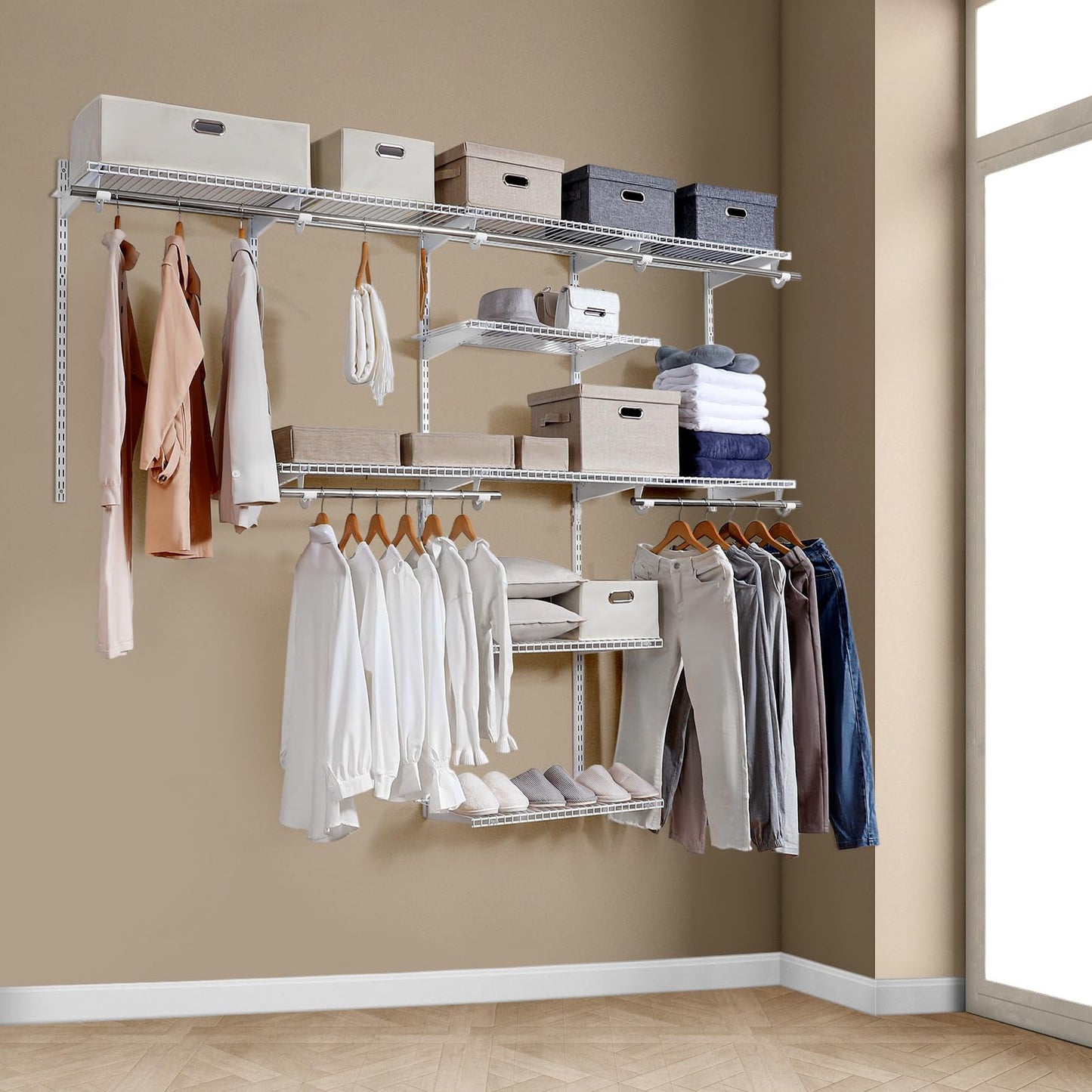 Homde Closet Organizer System Wall Mounted, 4-8 Ft. Adjustable and Expandable Metal Wire Shelving, Custom DIY Wardrobe Kit with Shelf, Clothes Hanging Rods, for Home Closet Laundry Mudroom