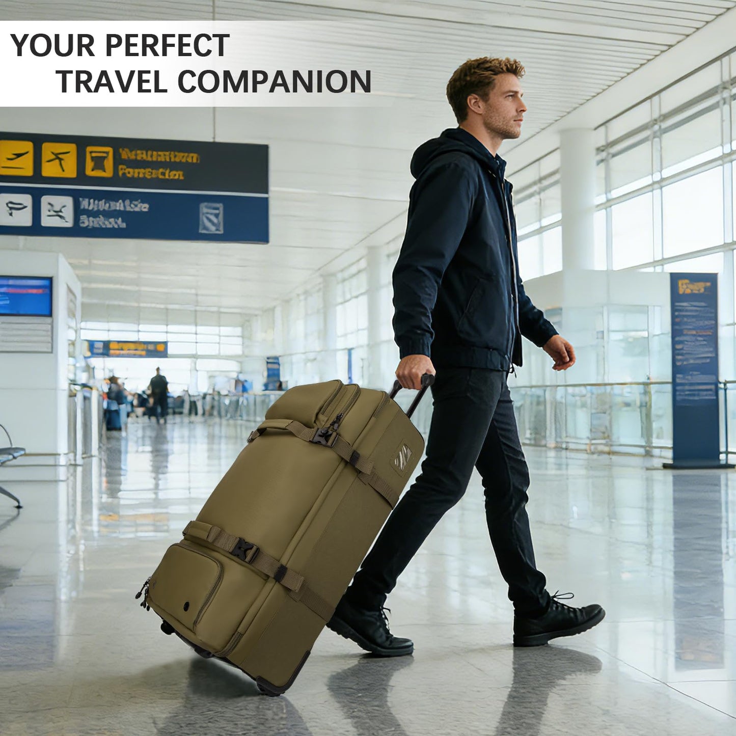 LARIPOP 33 Inch 100L Extra Large Rolling Duffle Bag with Wheels, Wet Pocket & Shoe Compartment, Heavy Duty Water Resistant Wheeled Duffel for Moving Travel Camping