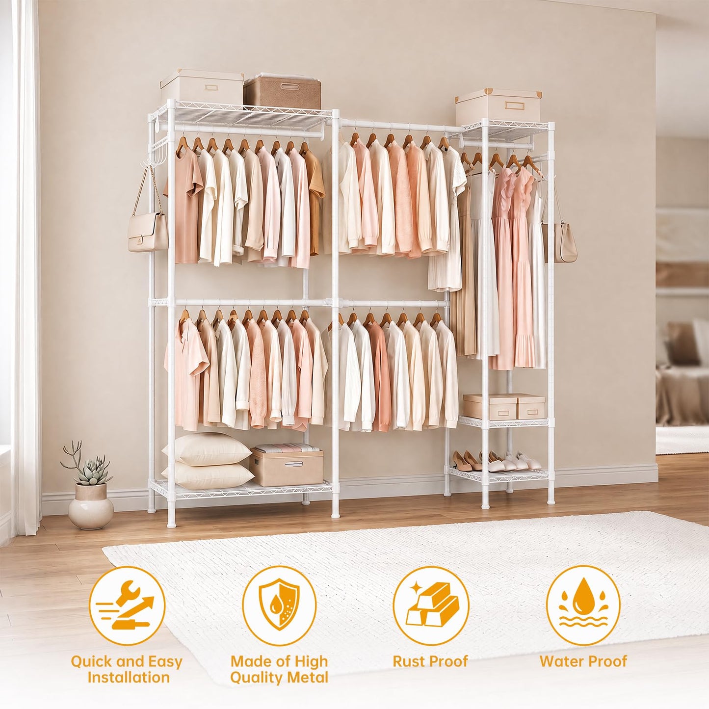 Kryonix Expandable Heavy Duty Garment Rack, 900lbs Freestanding Clothes Rack with 5 Hanging Rods & 6 Shelves, Adjustable Width(70''-88.2'') Metal Wardrobe Closet for Bedroom, Laundry Room, White