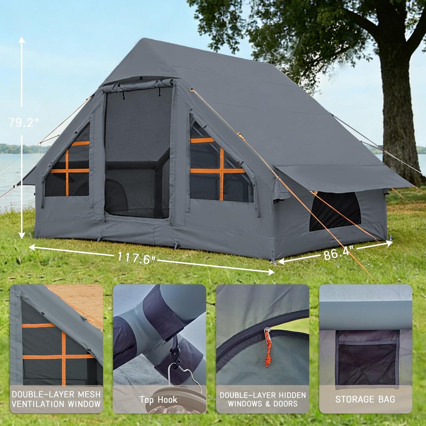 SANHOVO Inflatable Tents for Camping - Easy Blow Up Glamping Tent with Hand Pump, Hot Tent with Stove Jack Waterproof PVC Air Inflatable Tent House for Family Weekend Camping